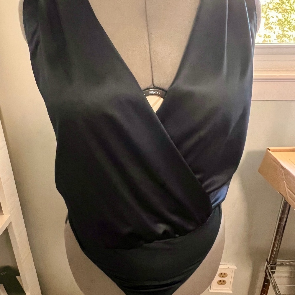 ZARA Wrap V-neck sleeveless bodysuit size L Midnight Satin Blue, NEW
